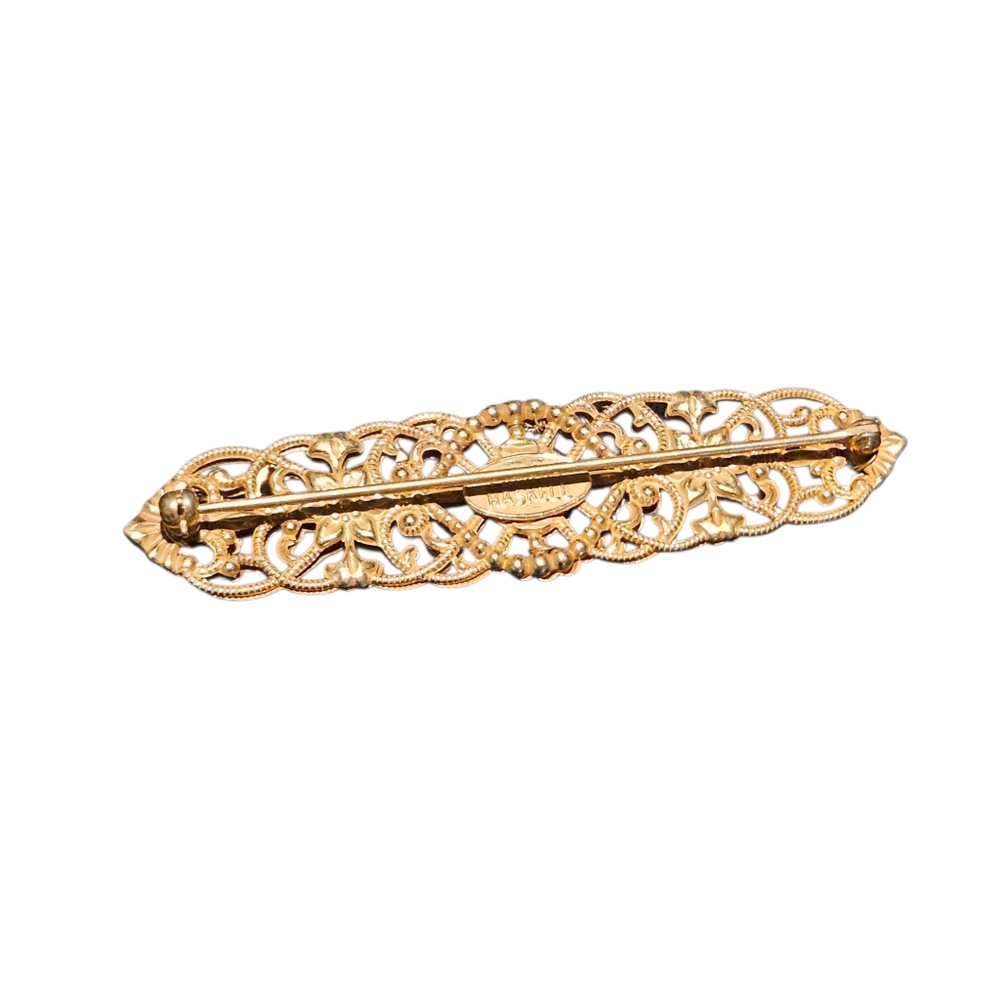 Miriam Haskell Gilded Filigree Bar Pin Vintage Gold Tone Floral Signed - Picture 8 of 9